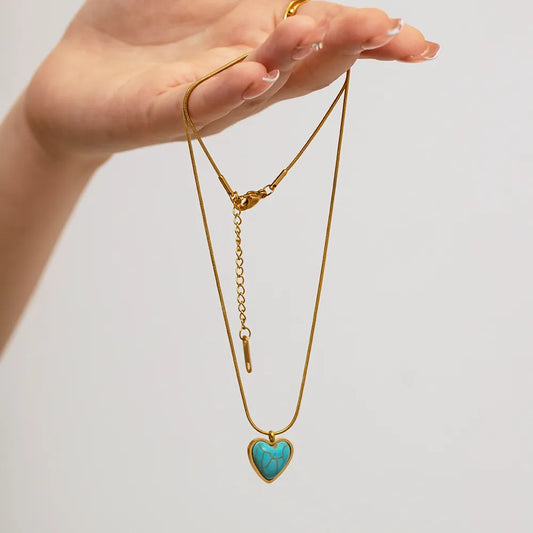 Stainless Steel 18K Gold Plated IG Style Inlay Heart Shape Turquoise Pendant Necklace