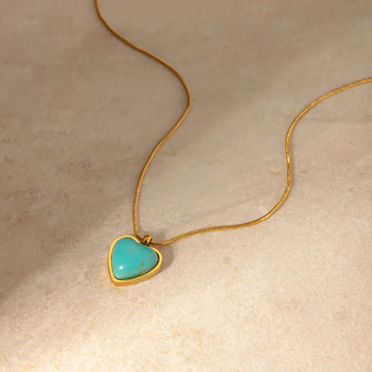 Stainless Steel 18K Gold Plated IG Style Inlay Heart Shape Turquoise Pendant Necklace