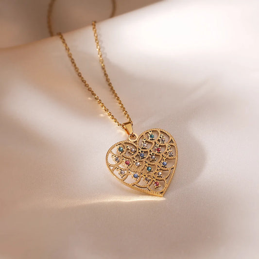 Heart Shape Titanium Steel Plating Inlay 18K Gold Plated Zircon Pendant Necklace
