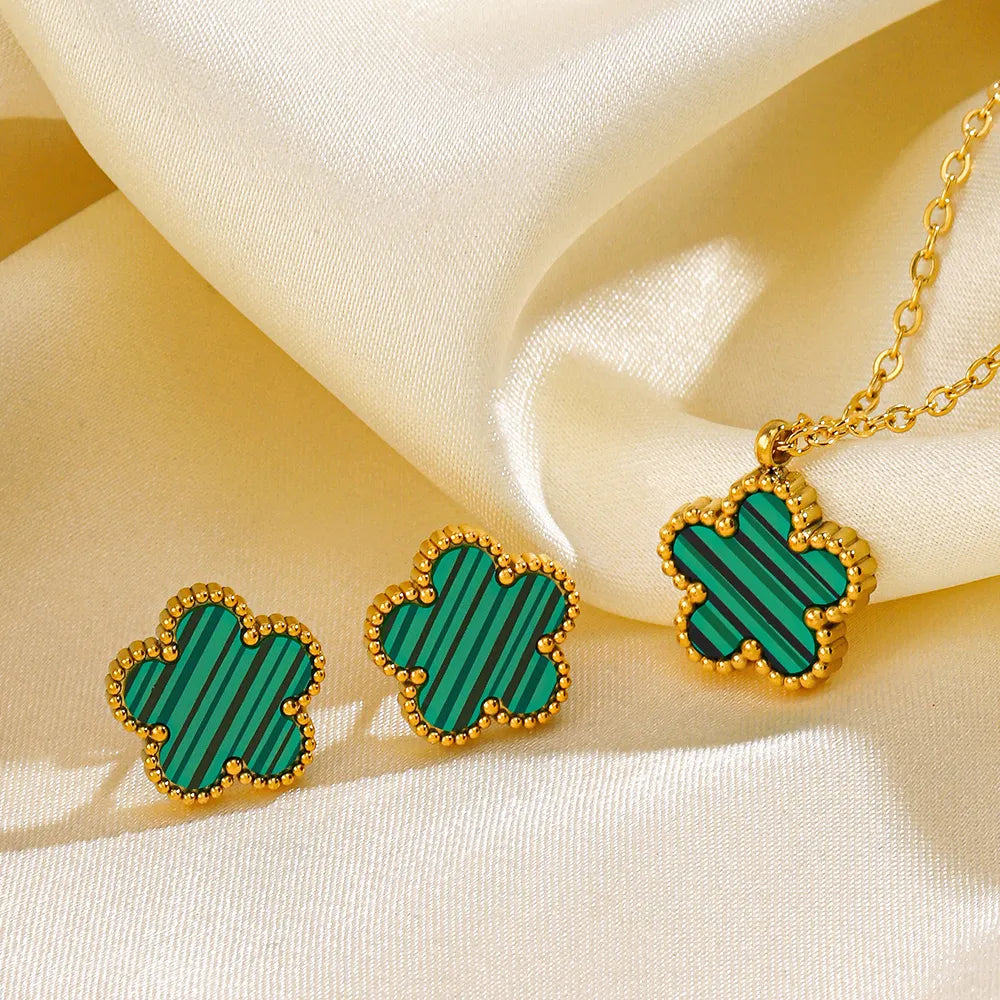 Clover Stainless Steel 18K Gold Plated Simple Style Inlay Acrylic Earrings Necklace