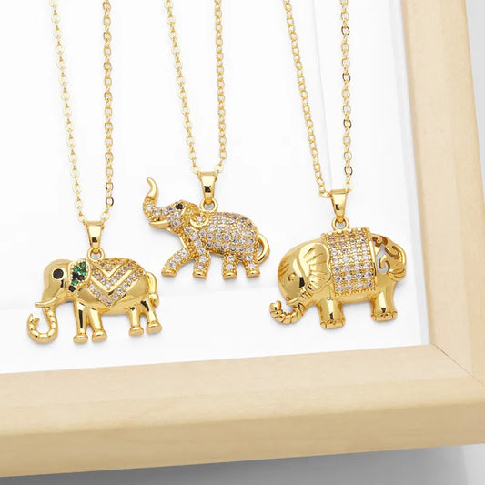 Cute Simple Style Elephant Copper Plating Inlay Zircon 18k Gold Plated Pendant Necklace