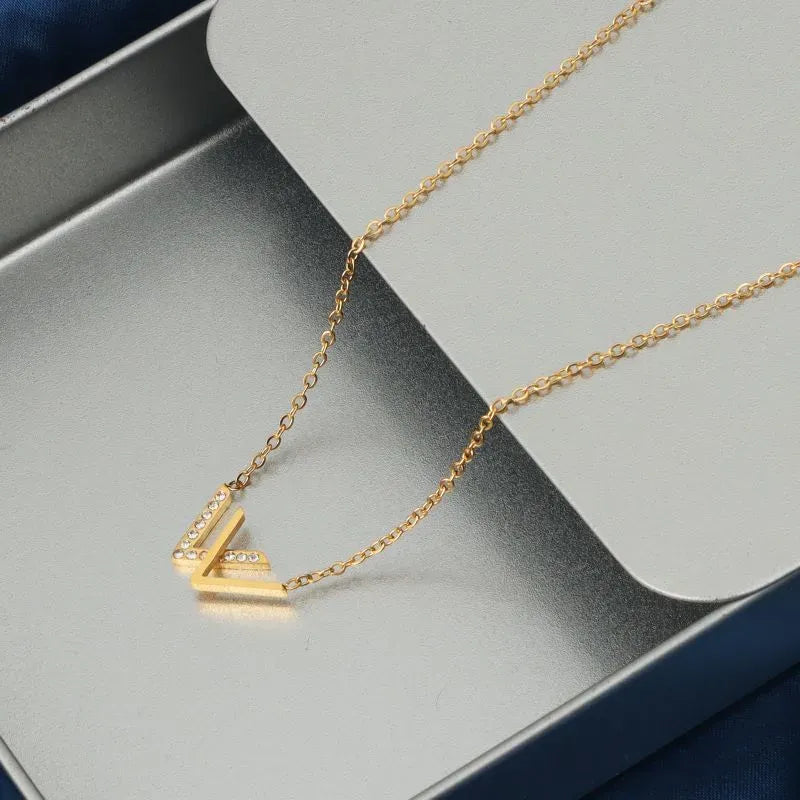 Solid Color Stainless Steel Plating Inlay Rhinestones 18K Gold Plated Pendant Necklace