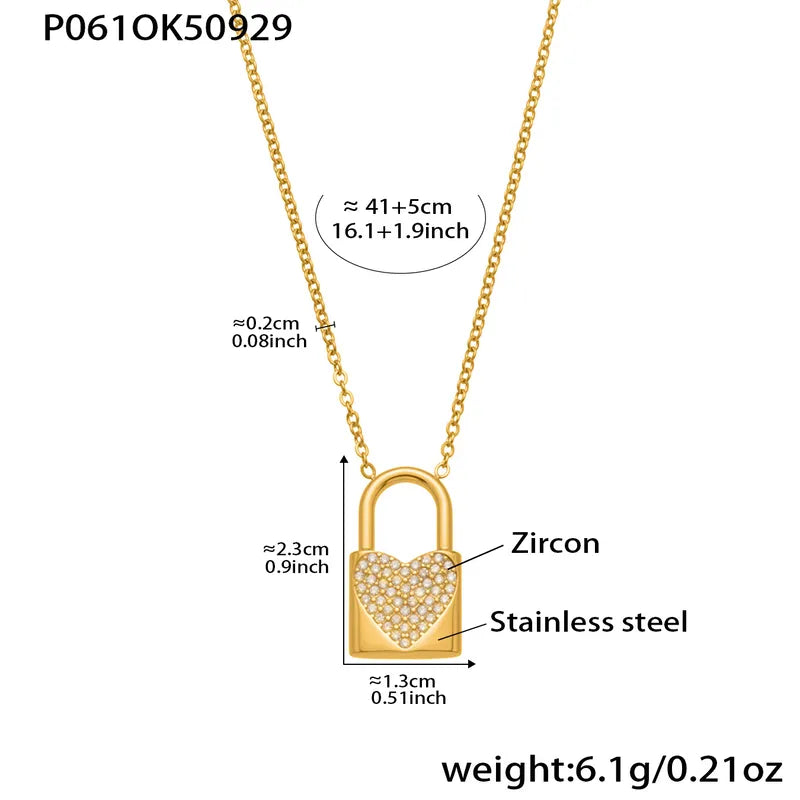 Heart Lock Zircon Pendant  18K Gold Plated Stainless Steel Necklace