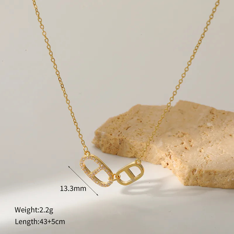 Zircon Pig Nose 18K Real Gold 304 Stainless Steel  Shiny Necklace