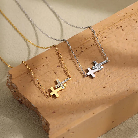Double Cross Titanium Steel 24K Gold Plated Necklace