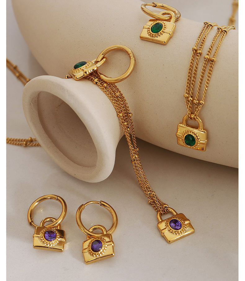 Purple Lock 304 Stainless Steel Zircon 18K Gold Plated Necklace and Earring