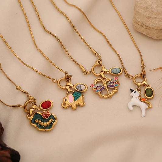 Elephant Dragonfly Cute Stainless Steel 18K Gold Plated Necklace