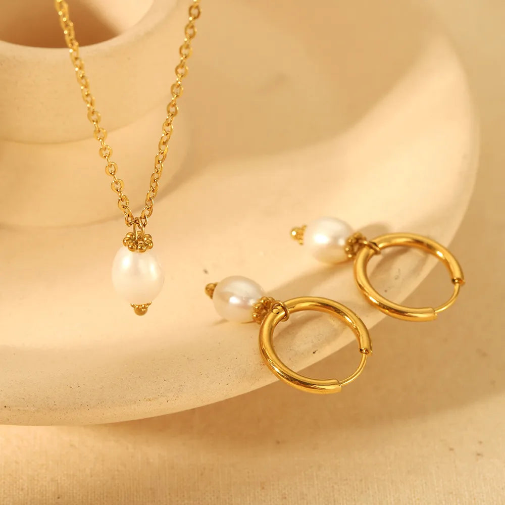 Freshwater Pearl Tassel 18K Gold Plated Stainless Steel Jewelry Set