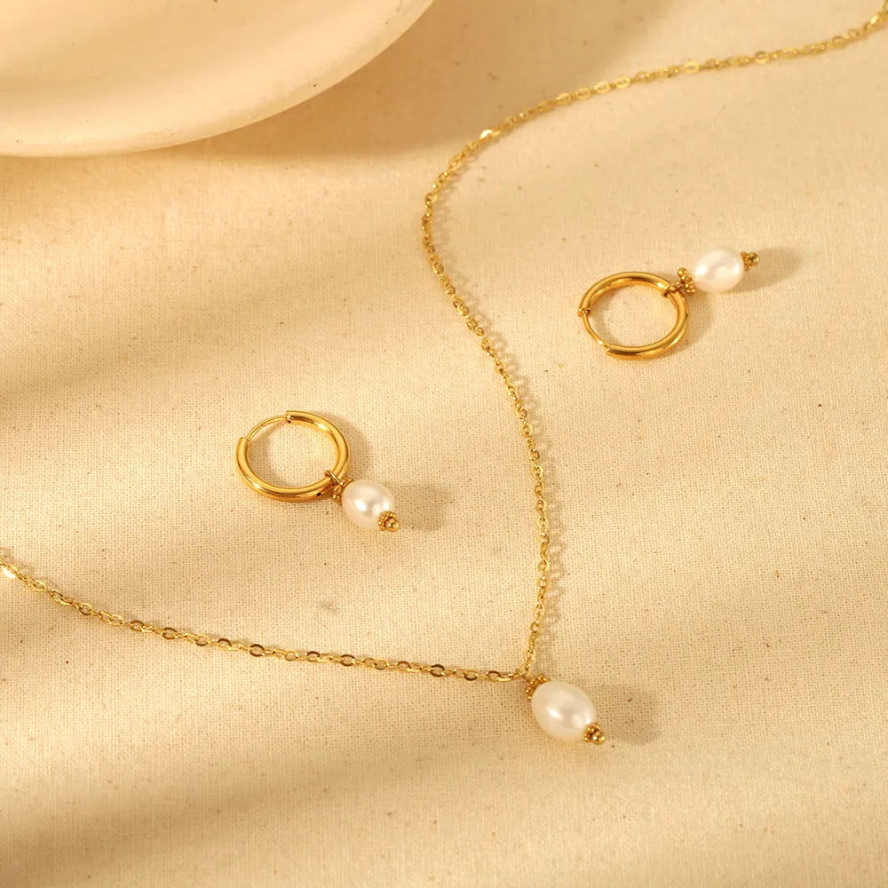 Freshwater Pearl Tassel 18K Gold Plated Stainless Steel Jewelry Set