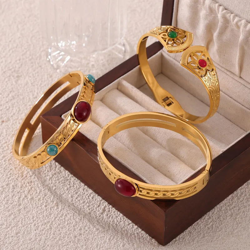 Retro Simple Style Round 304 Stainless Steel 18K Gold Plated Natural Stone Bangle