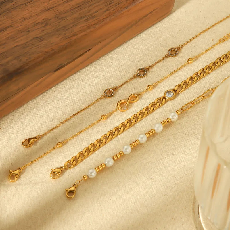 Simple Style Geometric 304 Stainless Steel 18K Gold Plated Artificial Pearls Zircon Bracelets