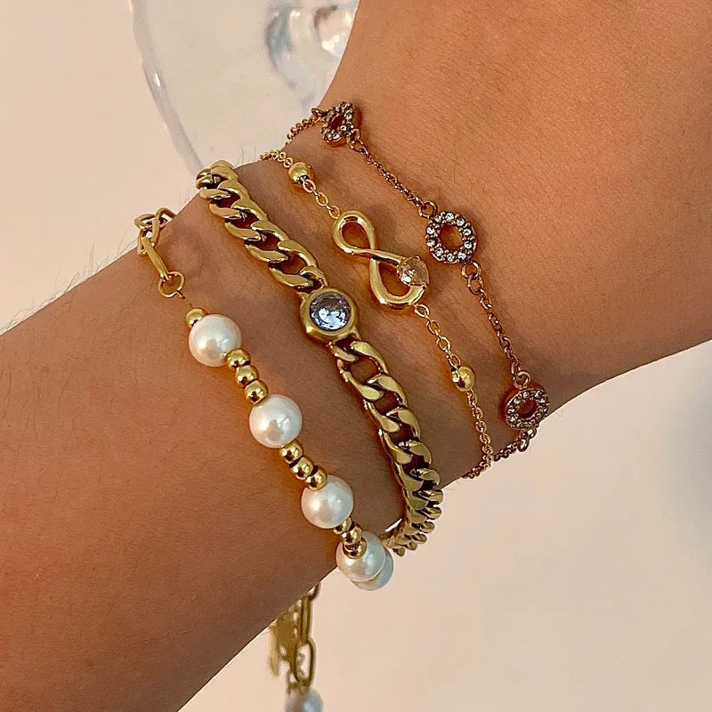 Simple Style Geometric 304 Stainless Steel 18K Gold Plated Artificial Pearls Zircon Bracelets