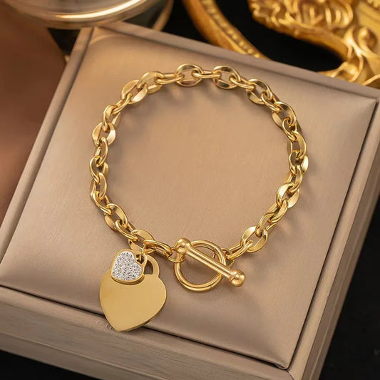 Diamond Heart Simple Style Shapes 304 Stainless Steel 18K Gold Plated Artificial Rhinestones Bracelets