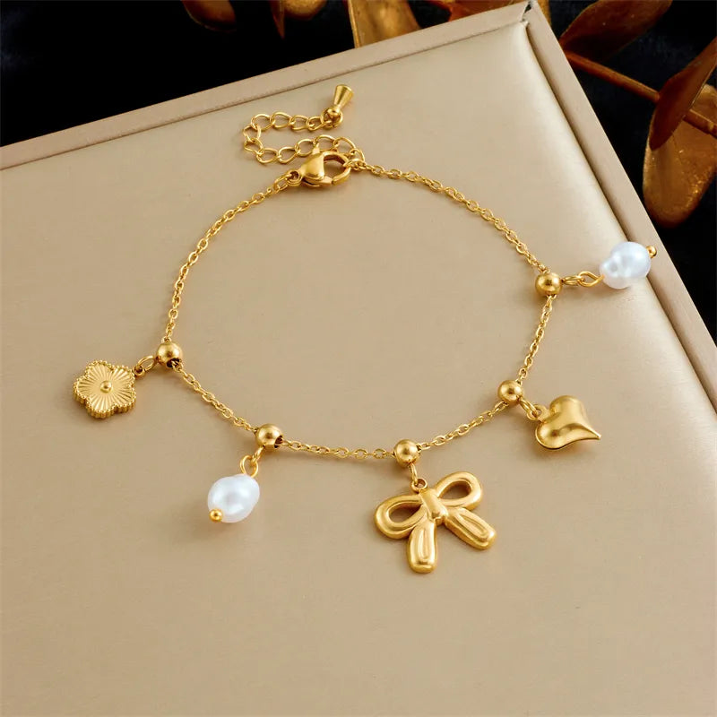 Heart Shape Bow Knot Cable Chain 304 Stainless Steel 18K Gold Plated Bracelet