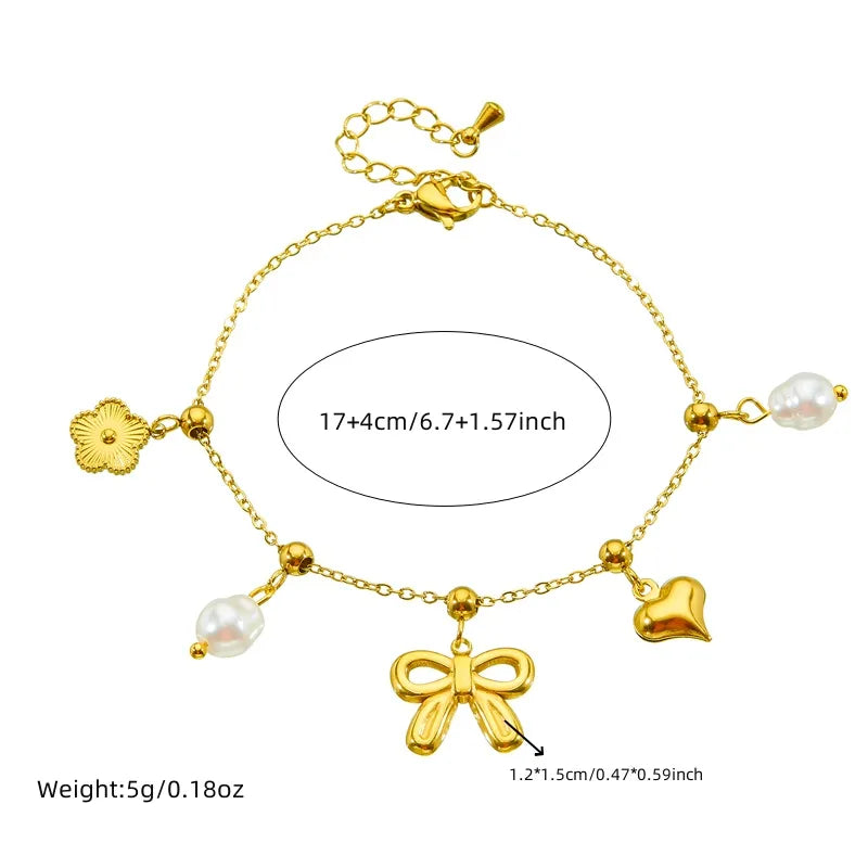 Heart Shape Bow Knot Cable Chain 304 Stainless Steel 18K Gold Plated Bracelet