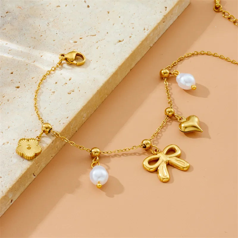 Heart Shape Bow Knot Cable Chain 304 Stainless Steel 18K Gold Plated Bracelet