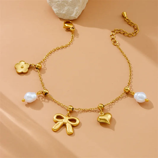 Heart Shape Bow Knot Cable Chain 304 Stainless Steel 18K Gold Plated Bracelet