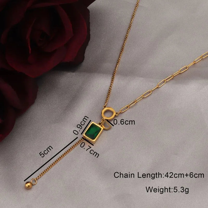 Green Diamond Stainless Steel Plating Inlay Rhinestones 18k Gold Plated Pendant Necklace