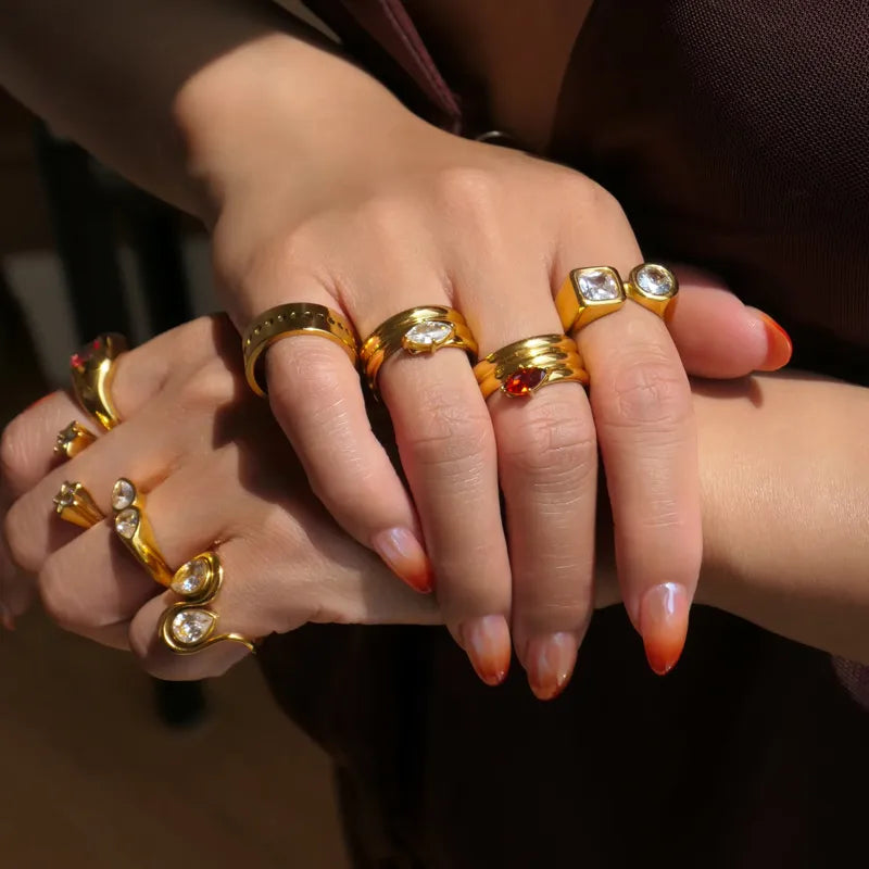 Double Teardrop Zircon Stainless Steel 18K Gold Plated Ring