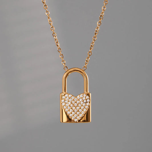 Heart Lock Zircon Pendant  18K Gold Plated Stainless Steel Necklace
