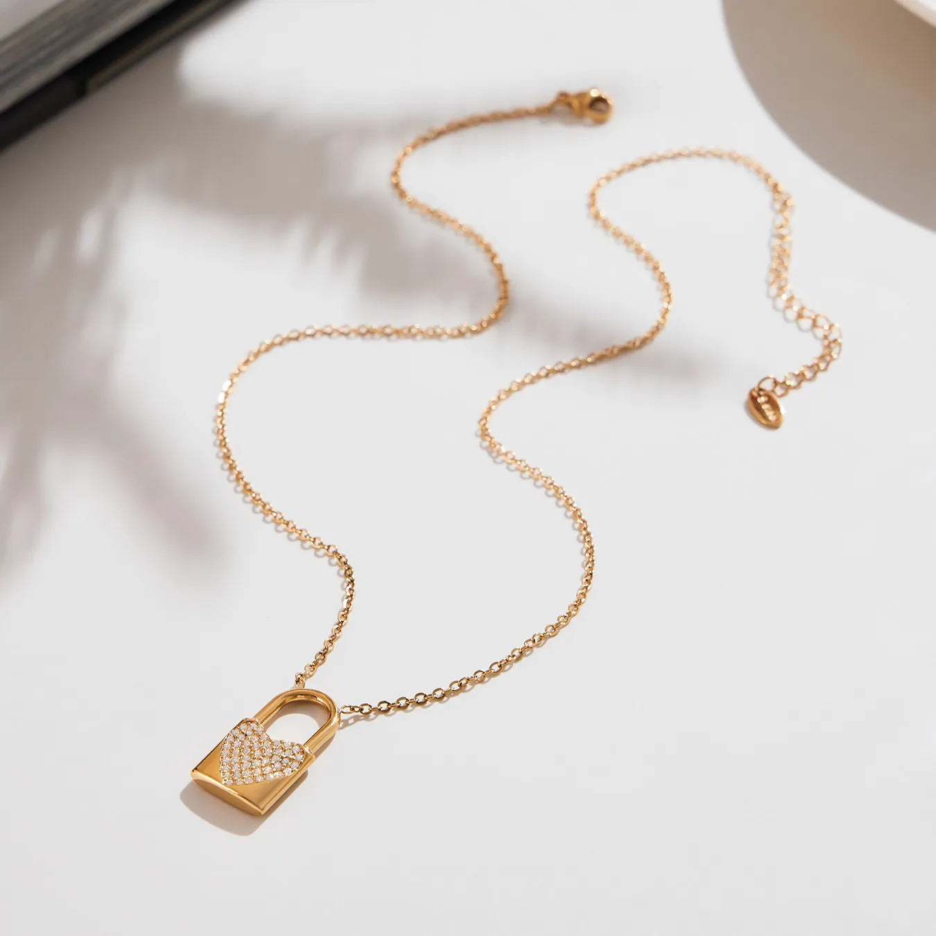 Heart Lock Zircon Pendant  18K Gold Plated Stainless Steel Necklace