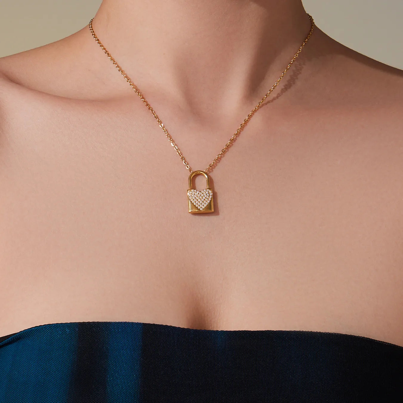 Heart Lock Zircon Pendant  18K Gold Plated Stainless Steel Necklace