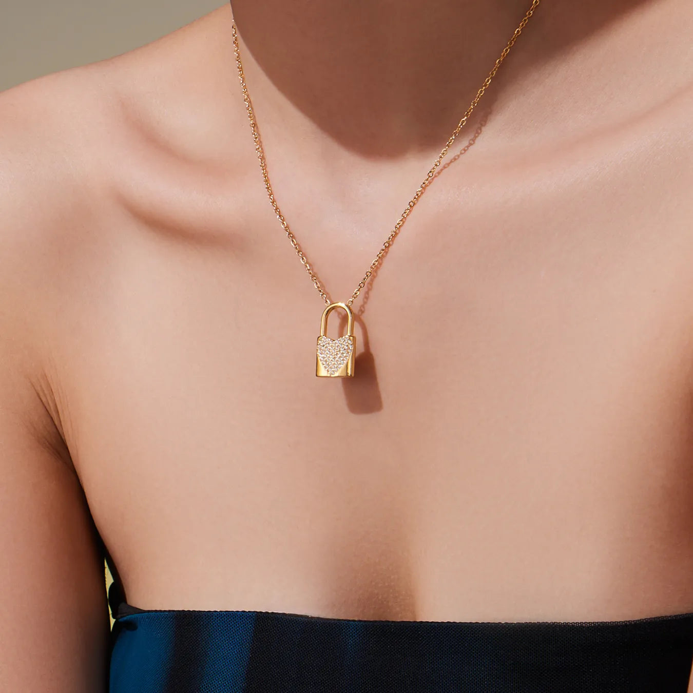 Heart Lock Zircon Pendant  18K Gold Plated Stainless Steel Necklace