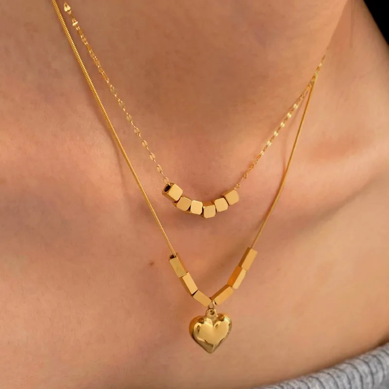 Heart Pendant and Square Charm 18K Gold Plated and 304 Stainless Steel Necklace