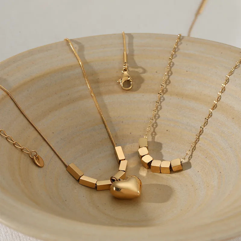 Heart Pendant and Square Charm 18K Gold Plated and 304 Stainless Steel Necklace