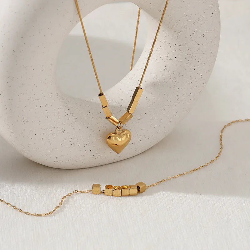 Heart Pendant and Square Charm 18K Gold Plated and 304 Stainless Steel Necklace