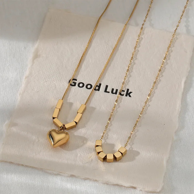 Heart Pendant and Square Charm 18K Gold Plated and 304 Stainless Steel Necklace