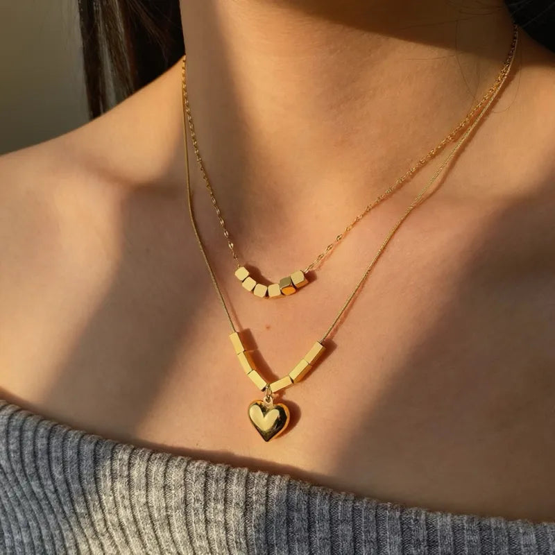 Heart Pendant and Square Charm 18K Gold Plated and 304 Stainless Steel Necklace