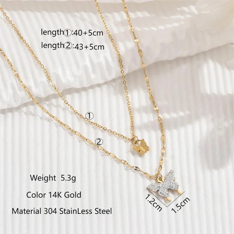 Stainless Steel Imitation Pearl Shell 14K Gold Plated IG Style Shiny Butterfly Beaded Inlay Shell Zircon Double Layer Necklaces Pendant Necklace