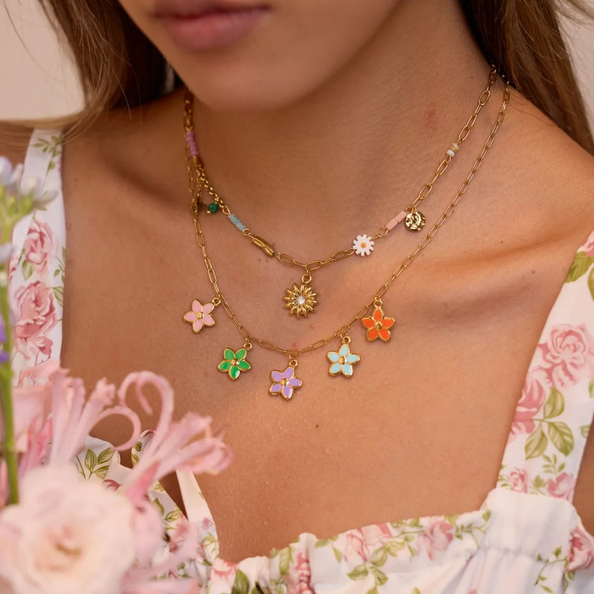 Flower Charm Stainless Steel 18K Gold Plated Necklace