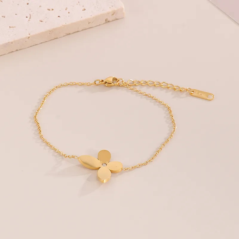 Four Leaf Clover Titanium Steel Plating Inlay Artificial Diamond 18K Gold Plated Bracelets Necklace