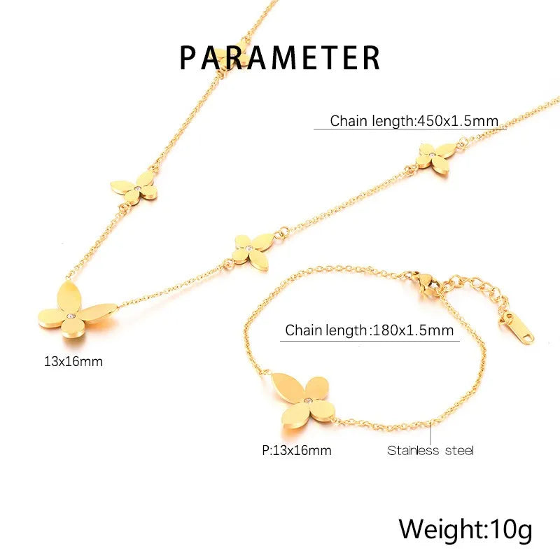 Four Leaf Clover Titanium Steel Plating Inlay Artificial Diamond 18K Gold Plated Bracelets Necklace