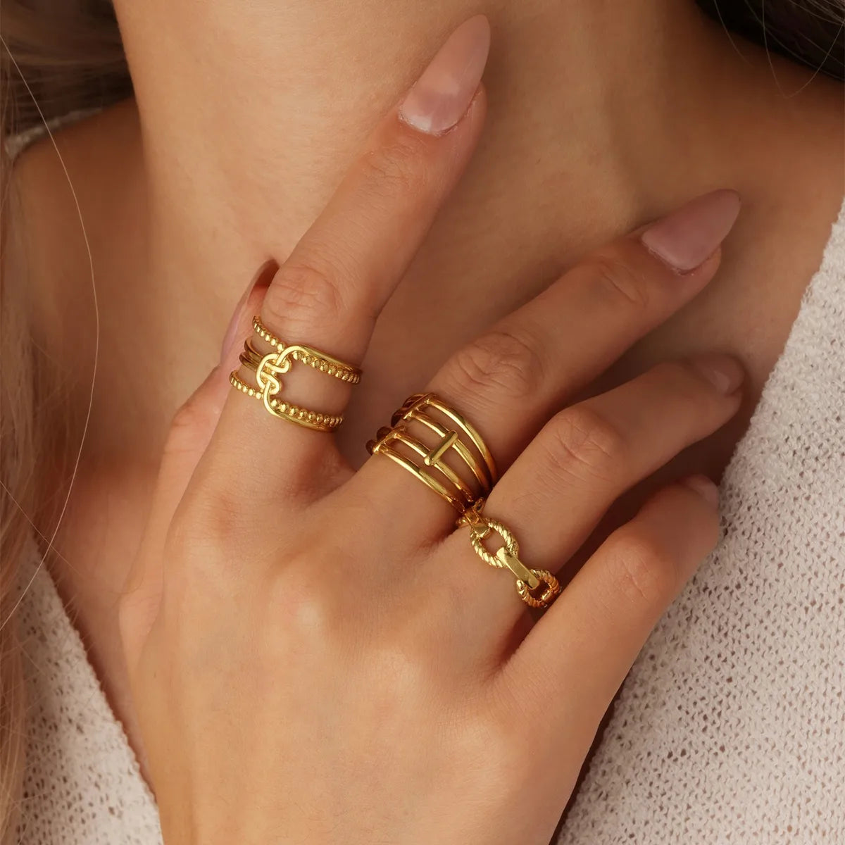 Personality 304 Stainless Steel 18K Real Gold Plated Three-piece Ring Set