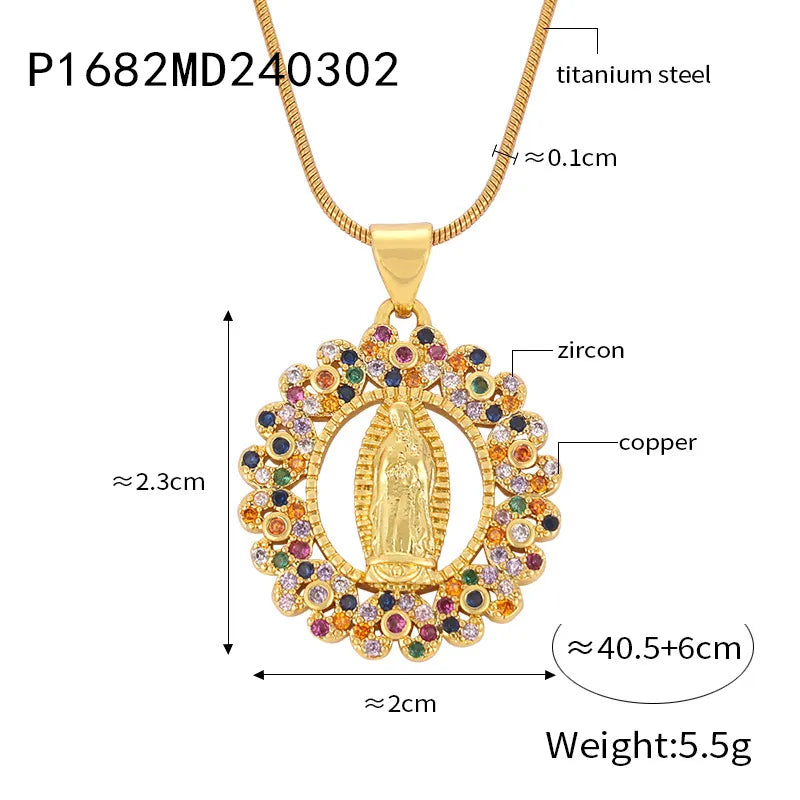 Mother Mary Titanium Steel Copper 18K Gold Plated Casual Style Human Hollow Out Rhinestones Pendant Necklace