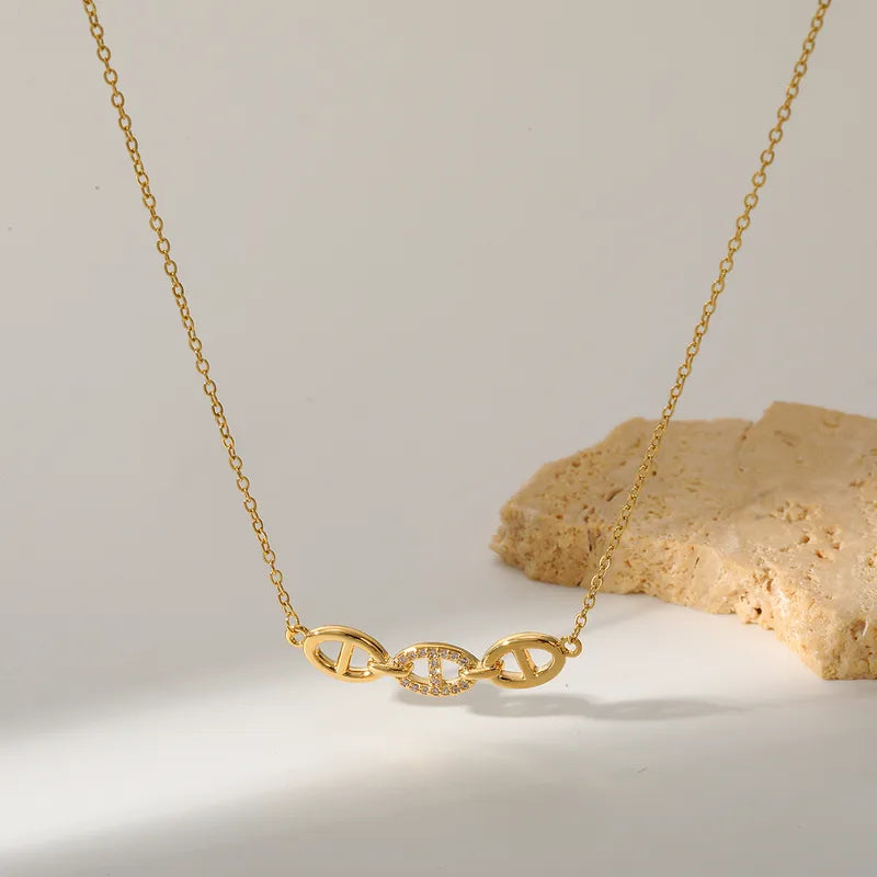 Zircon Pig Nose 18K Real Gold 304 Stainless Steel  Shiny Necklace