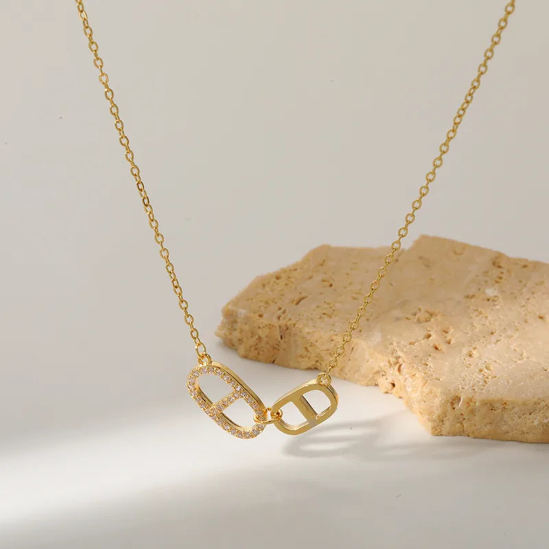 Zircon Pig Nose 18K Real Gold 304 Stainless Steel  Shiny Necklace