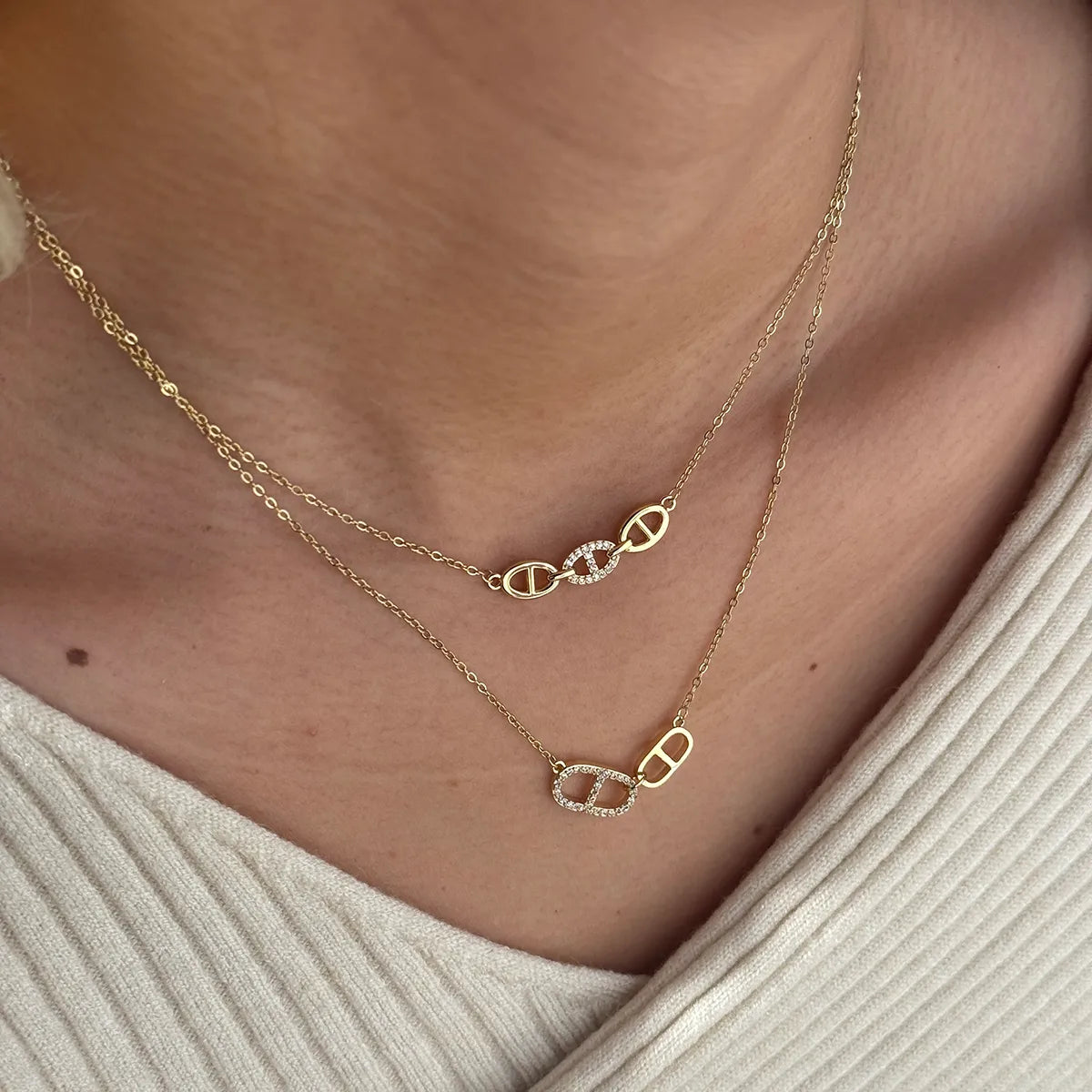 Zircon Pig Nose 18K Real Gold 304 Stainless Steel  Shiny Necklace