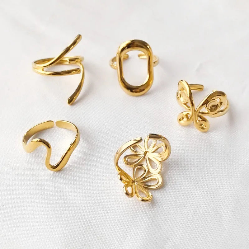18K Gold Plated 304 Stainless Steel Flower Butterfly Pattern Open Retro Ring