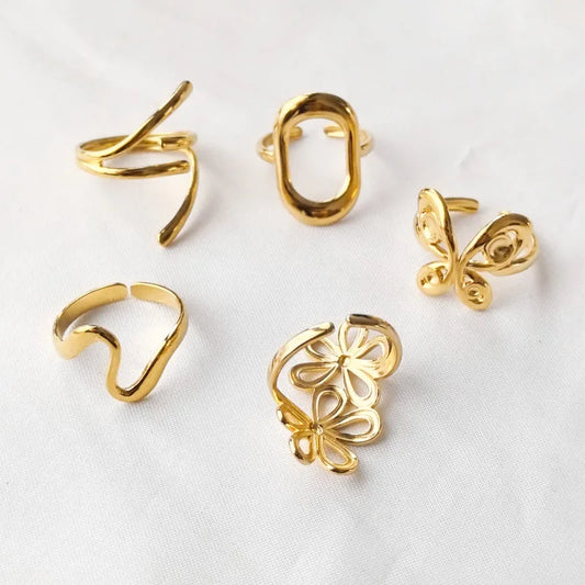 18K Gold Plated 304 Stainless Steel Flower Butterfly Pattern Open Retro Ring