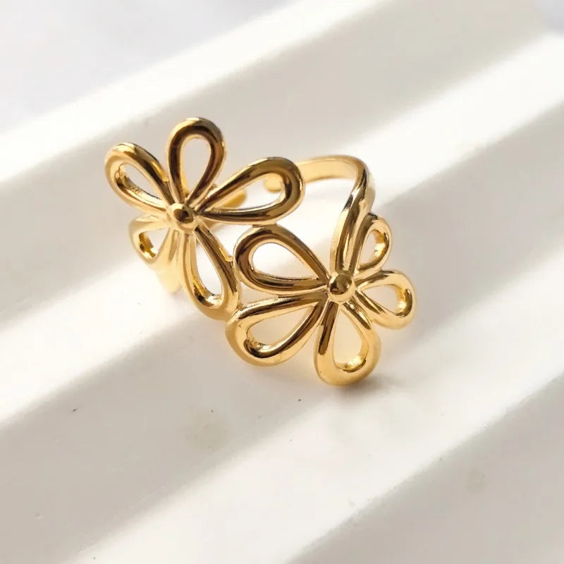 18K Gold Plated 304 Stainless Steel Flower Butterfly Pattern Open Retro Ring