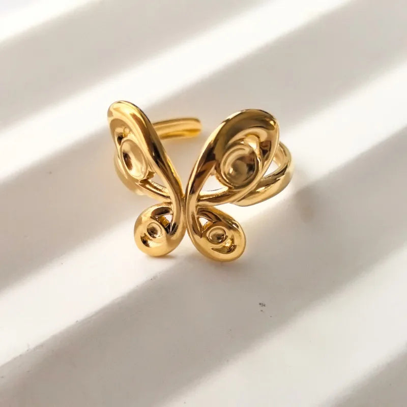 18K Gold Plated 304 Stainless Steel Flower Butterfly Pattern Open Retro Ring