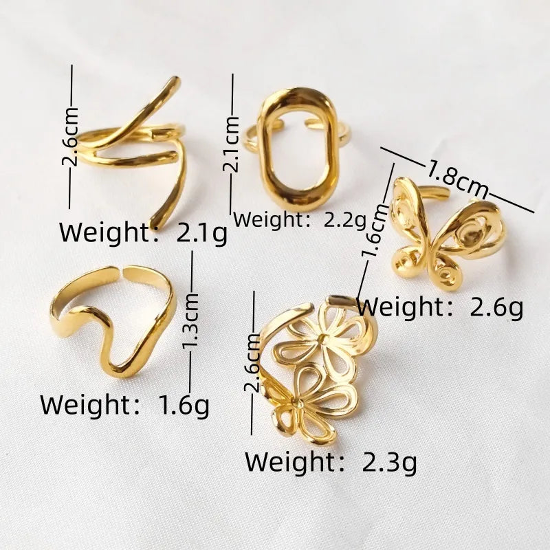 18K Gold Plated 304 Stainless Steel Flower Butterfly Pattern Open Retro Ring