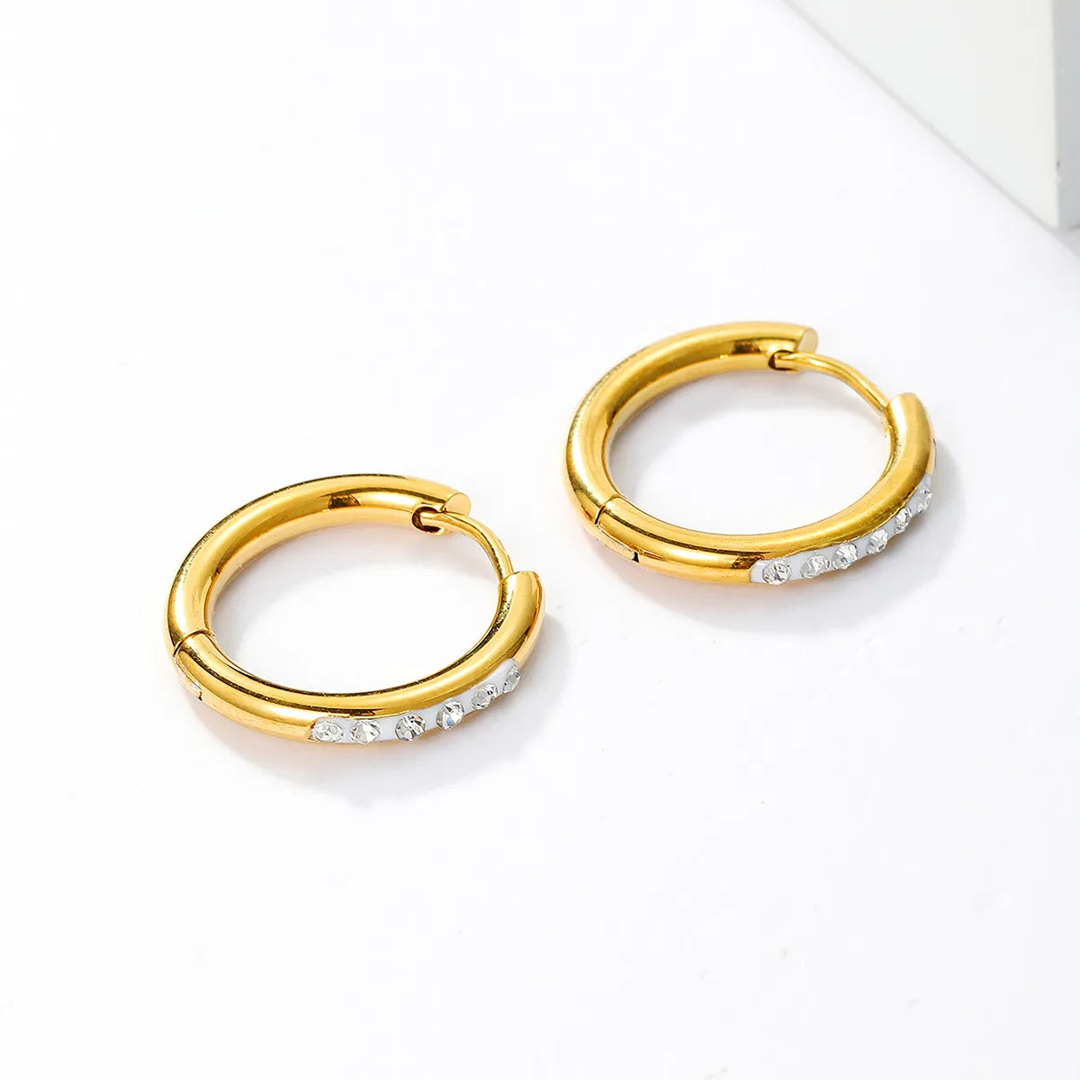 Pair Cool Style Circle Stainless Steel 18k Gold Plated Rhinestones Hoop Earrings