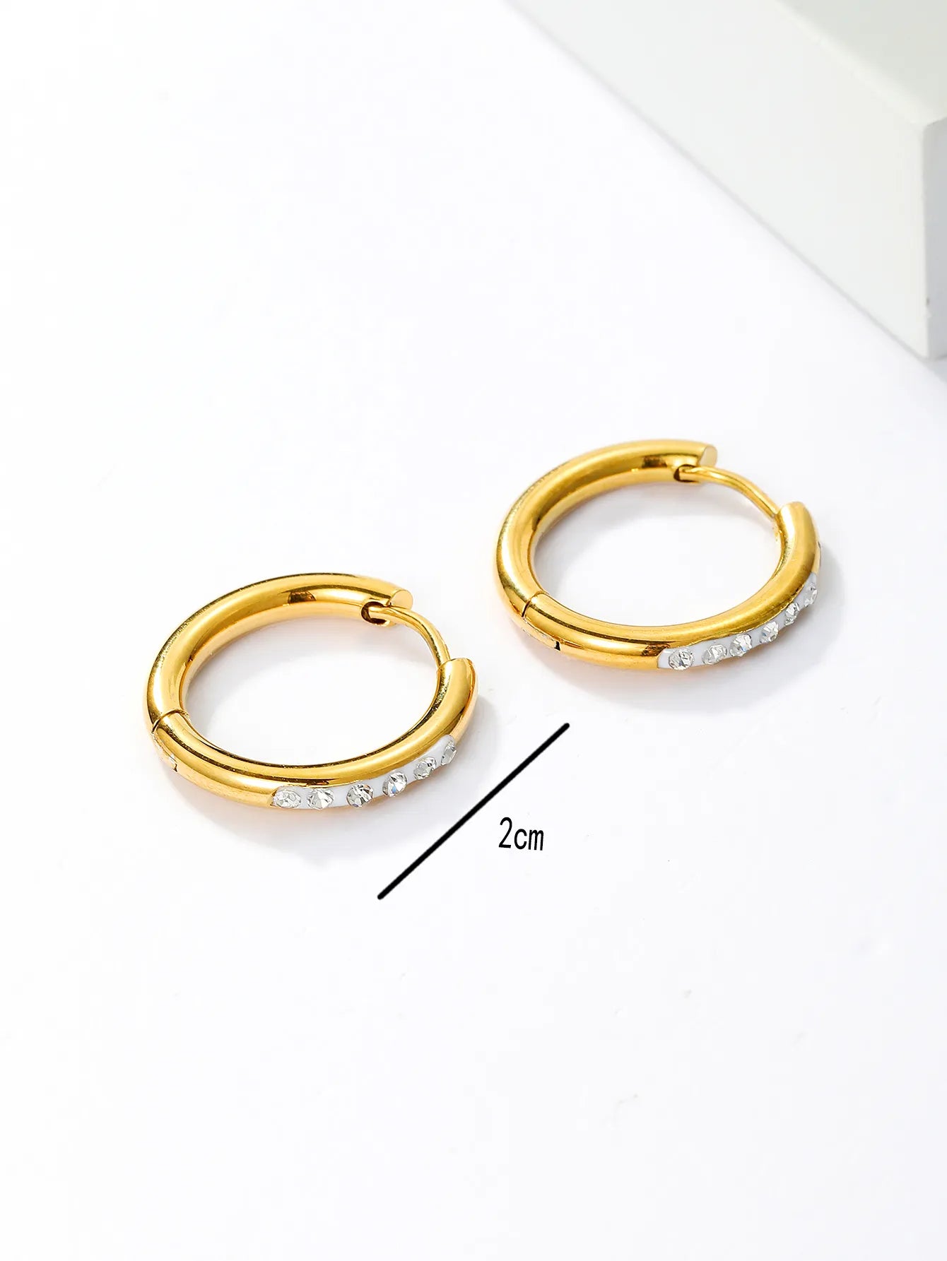 Pair Cool Style Circle Stainless Steel 18k Gold Plated Rhinestones Hoop Earrings