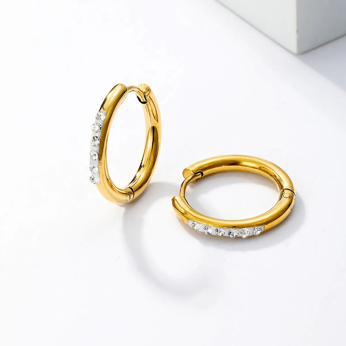 Pair Cool Style Circle Stainless Steel 18k Gold Plated Rhinestones Hoop Earrings