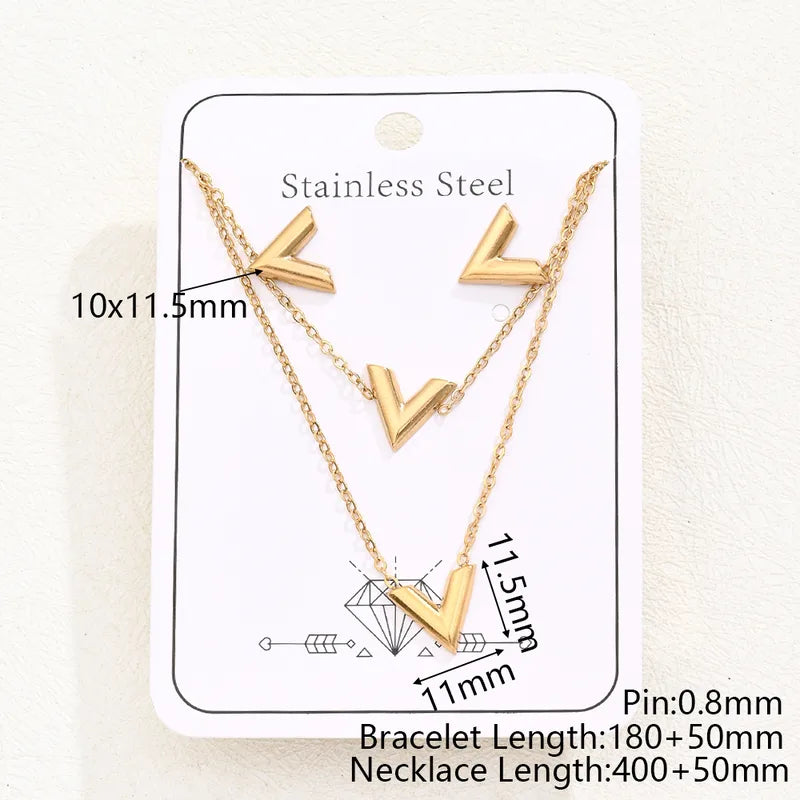 V Letter Necklace Bracelet 304 Stainless Steel 18K Gold Plated Handmade Jewelry Set